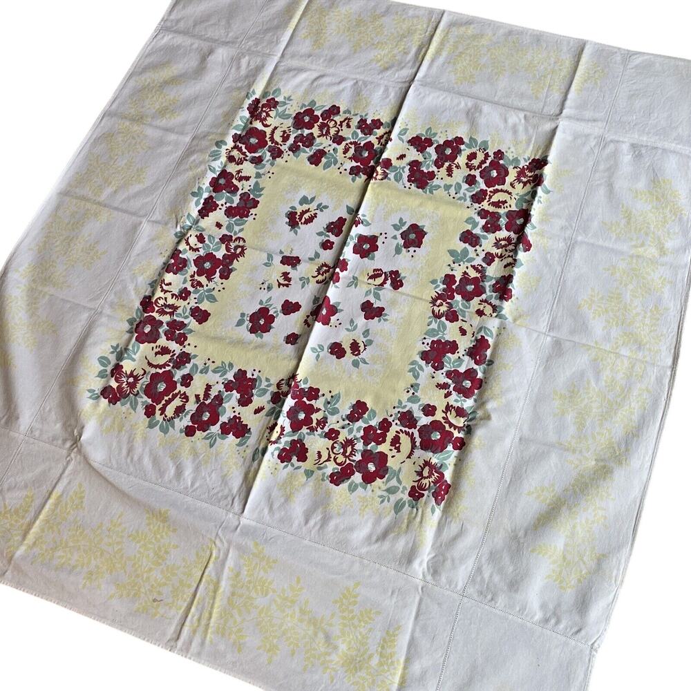 Vintage Cotton Farmhouse Tablecloth Floral Print Yellow Red & Green Floral Flaws